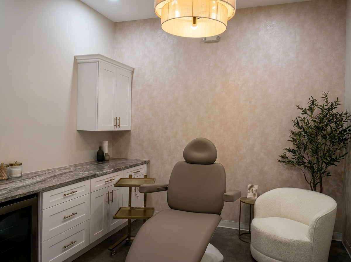 Treatment chair at 828 Aesthetics — olive tree, illuminated mirror, and curated product display