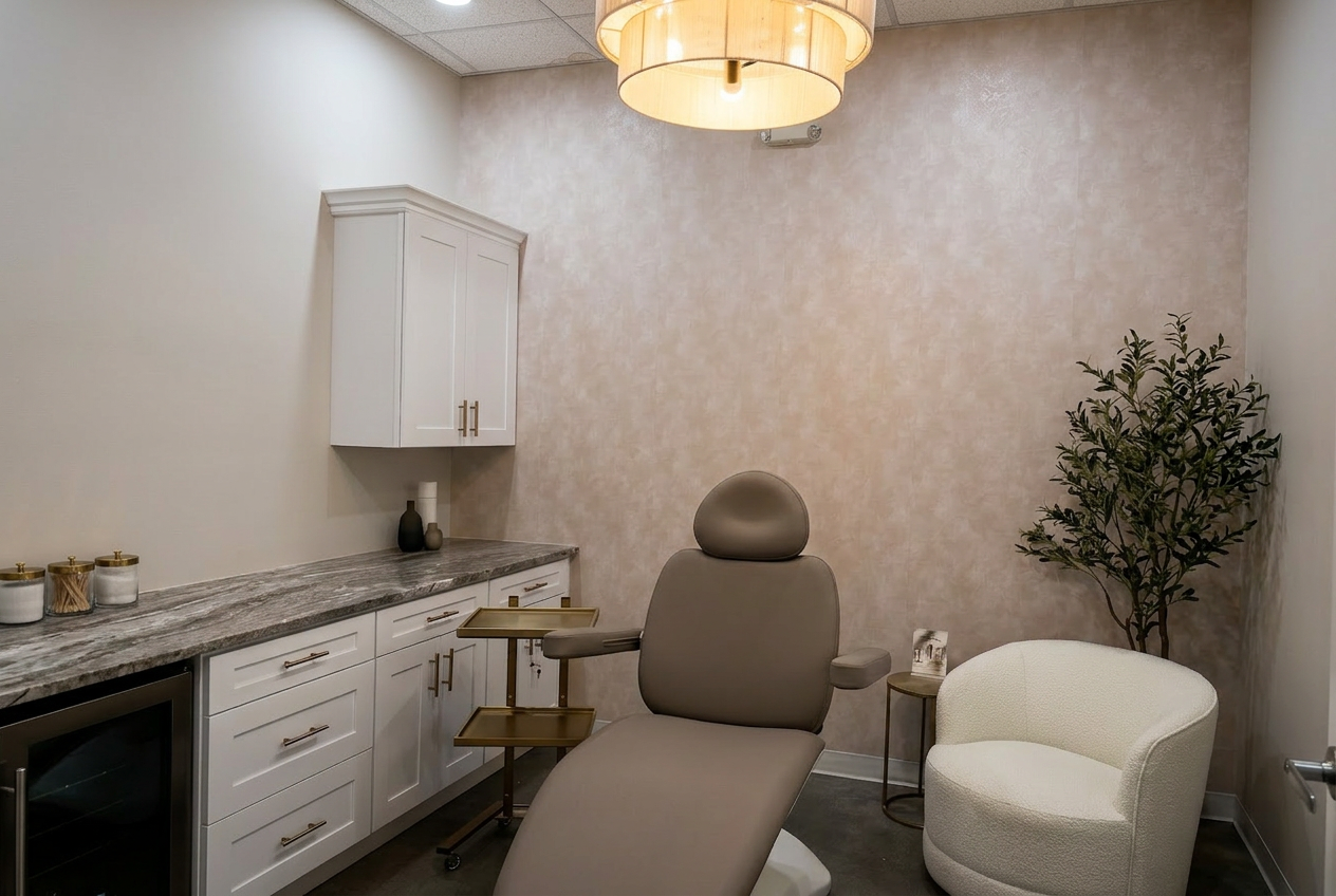 Treatment chair at 828 Aesthetics — olive tree, illuminated mirror, and curated product display